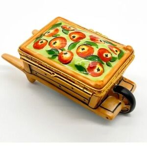 Limoges France Hand Painted Apple Cart Wheelbarrow Trinket Box, Vintage Artoria